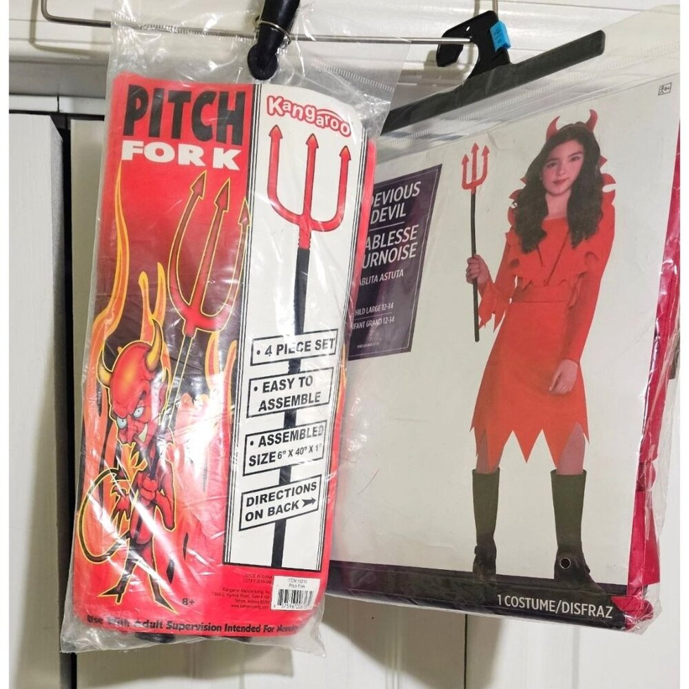 Devious Devil Costume Girls 12-14 Red Dress Horns Pitchfork Halloween Kids NEW